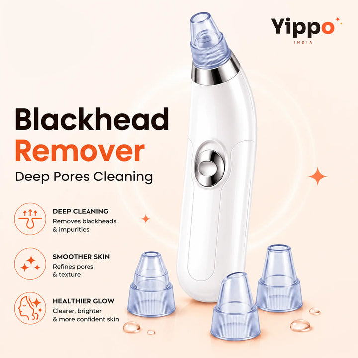 Yippo Blackhead Remover deep pores cleaning device in white with a silver button and clear nozzle, shown with three interchangeable clear nozzle attachments on a soft peach background with marketing text.