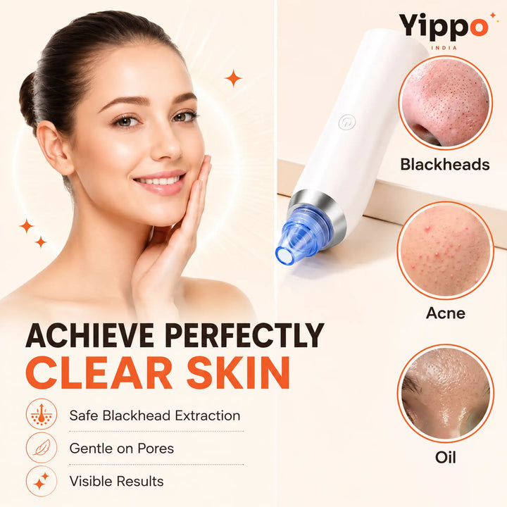 A beauty device with a white body and blue extraction tip is shown next to a smiling woman touching her face, with three circular close-ups labeled Blackheads, Acne, and Oil. Text reads 'ACHIEVE PERFECTLY CLEAR SKIN' and 'Yippo India'.